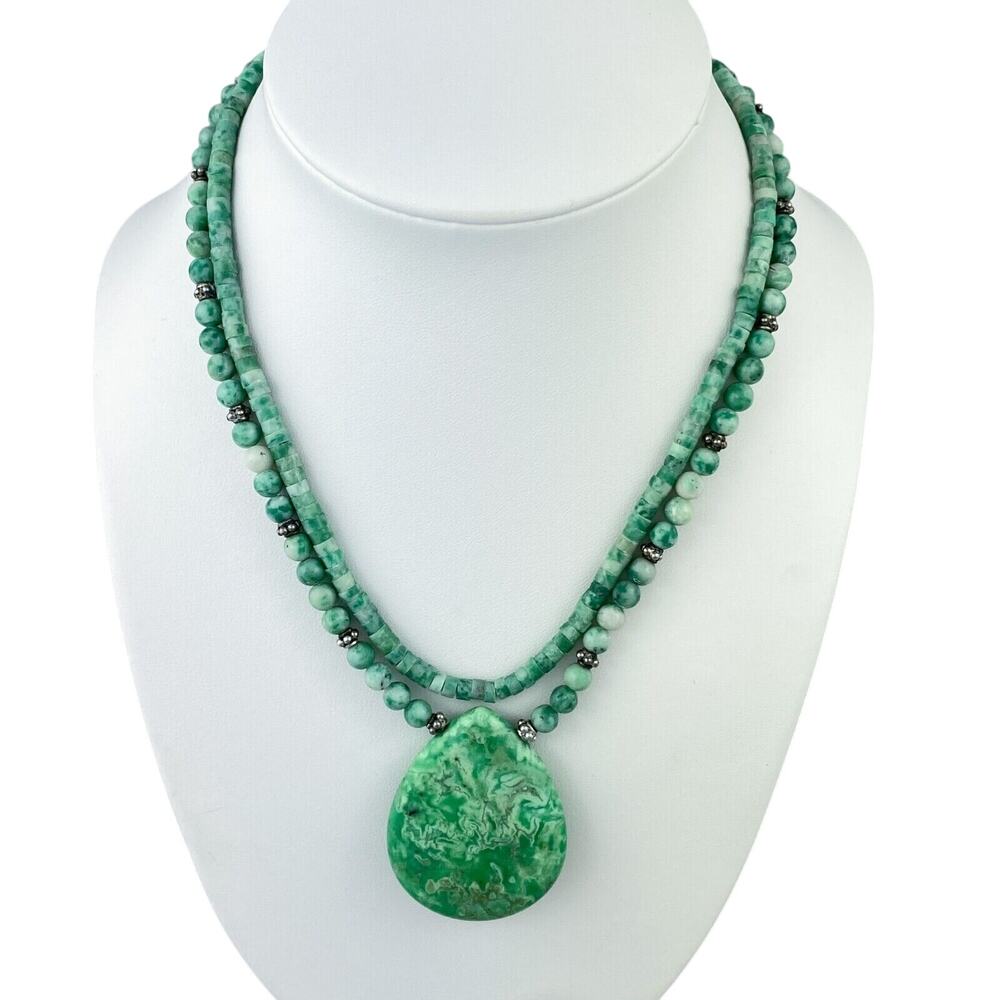 Vintage Sterling Silver 925 Two Strand Chrysoprase Beaded Necklace 16"